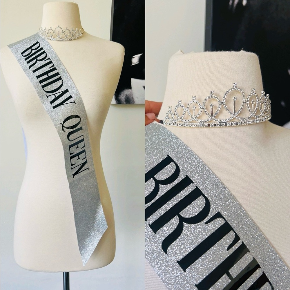 Birthday Queen Rhinestone Tiara and Silver Sash